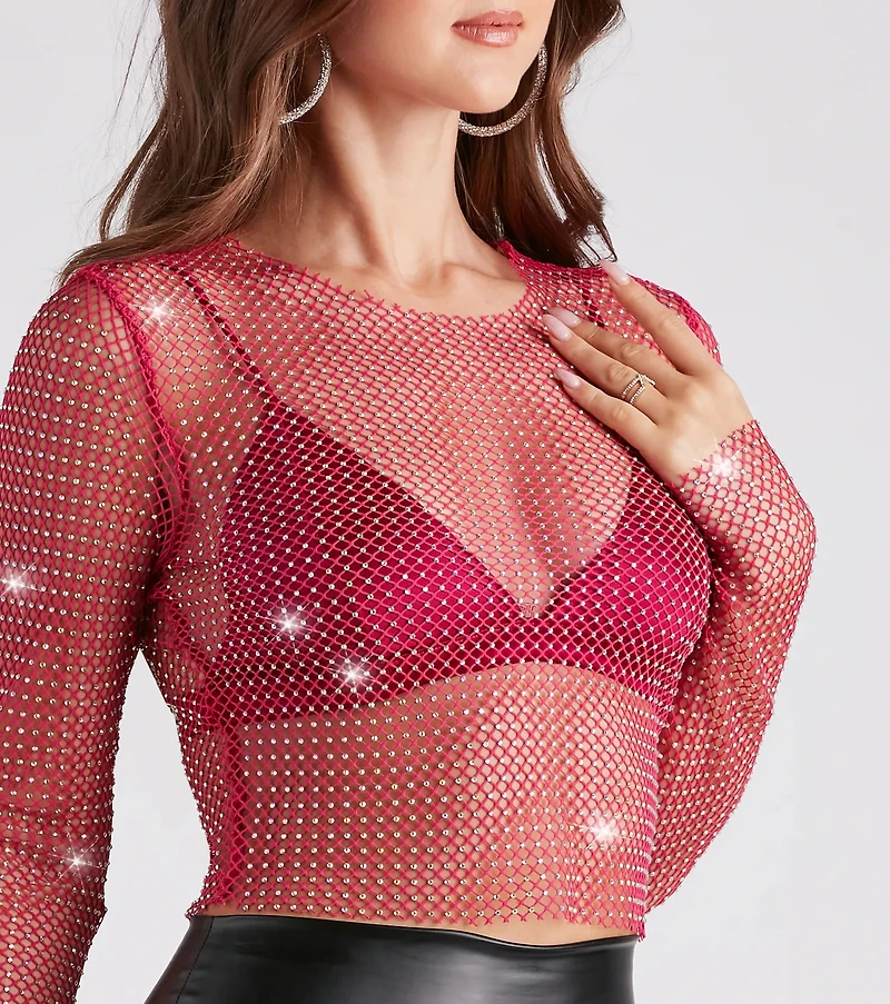 Glitzy Muse Rhinestone Fishnet Crop Top