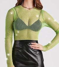 Glitzy Muse Rhinestone Fishnet Crop Top
