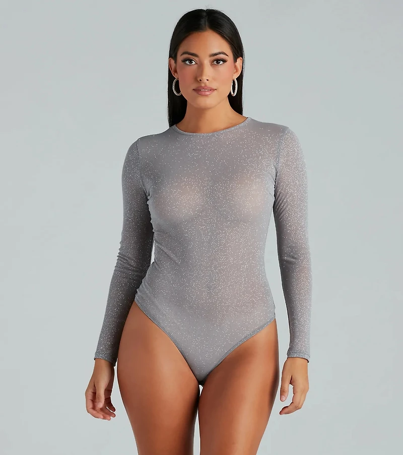 Center Stage Glitter Mesh Long Sleeve Bodysuit