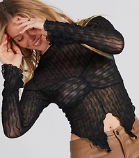 Near And Sheer Texture Mock Neck Crop Top