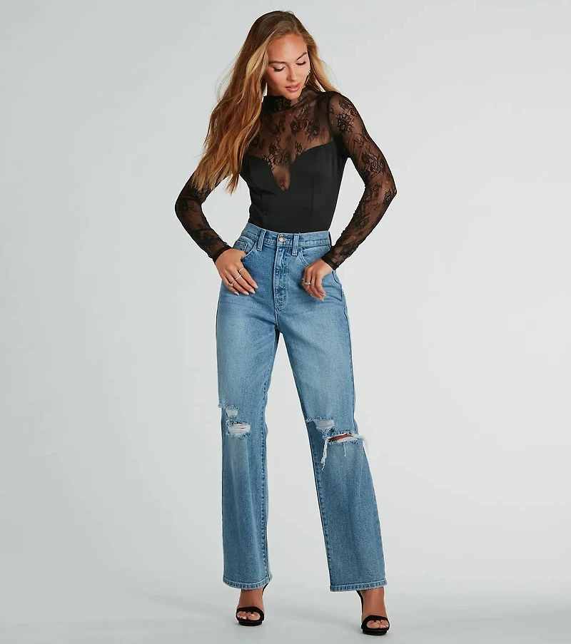 Sultry Allure Long Sleeve Sheer Lace Bodysuit