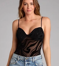 Sexy Flair Sleeveless Flocked Velvet Mesh Bodysuit
