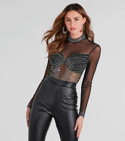 Rising Star Rhinestone Mock Neck Mesh Bodysuit