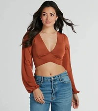 Smooth Talkin' Long Sleeve V-Neck Crop Blouse