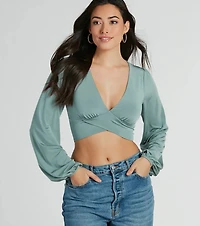 Smooth Talkin' Long Sleeve V-Neck Crop Blouse