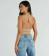 Festive Icon V-Neck Fringe Halter Faux Suede Crop Top
