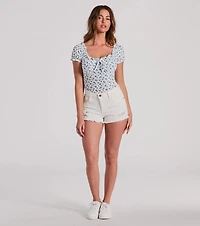 Sweet Style Ditsy Floral Puff Sleeve Bodysuit