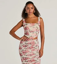 Blooming Bliss Lace-Up Floral Mesh Bustier