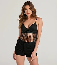 Fringed Out Triangle Fringe Beaded Crop Top