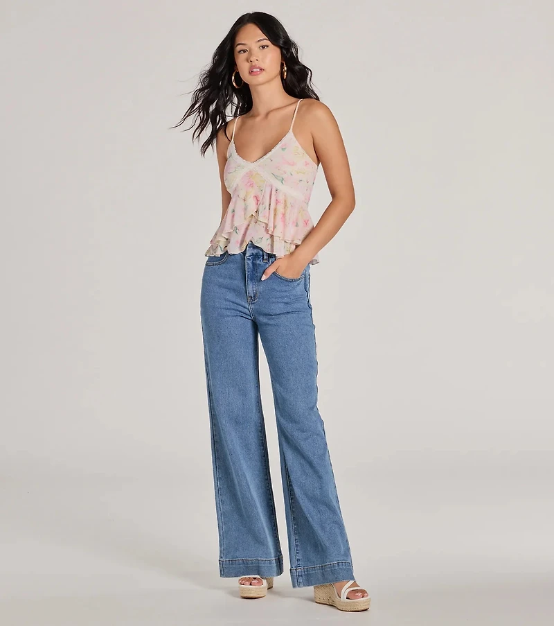 Flirty Ruffled Floral Mesh Lace Trim Top