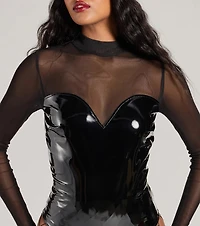 Daring Feline Mesh And Faux Leather Bodysuit