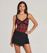 Check Me Out Lace Trim Plaid Crop Top