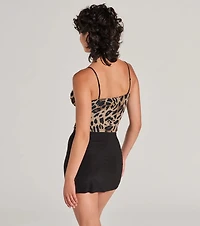 Feline Fierce Lace Trim Leopard Mesh Bustier