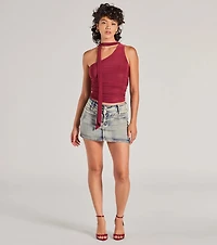 It-Girl Style One-Shoulder Neck Tie Knit Top