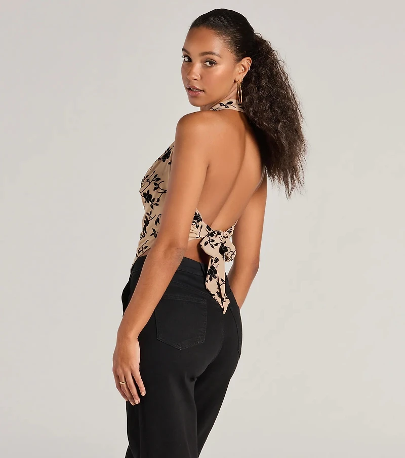 Bold Romance Flocked Floral Print Halter Top