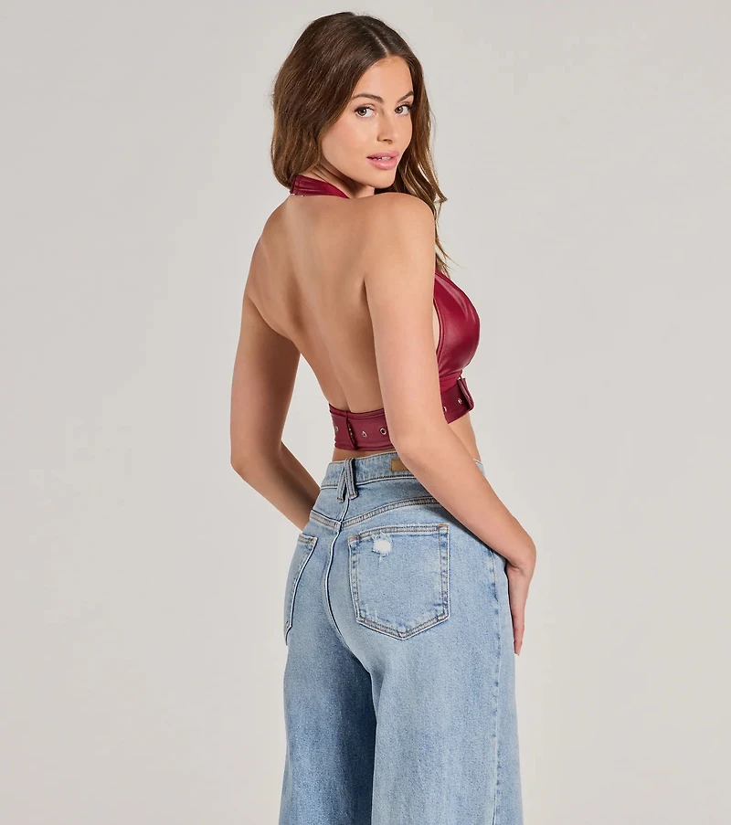 Sultry Vibe Plunge Halter Faux Leather Crop Top