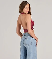 Sultry Vibe Plunge Halter Faux Leather Crop Top
