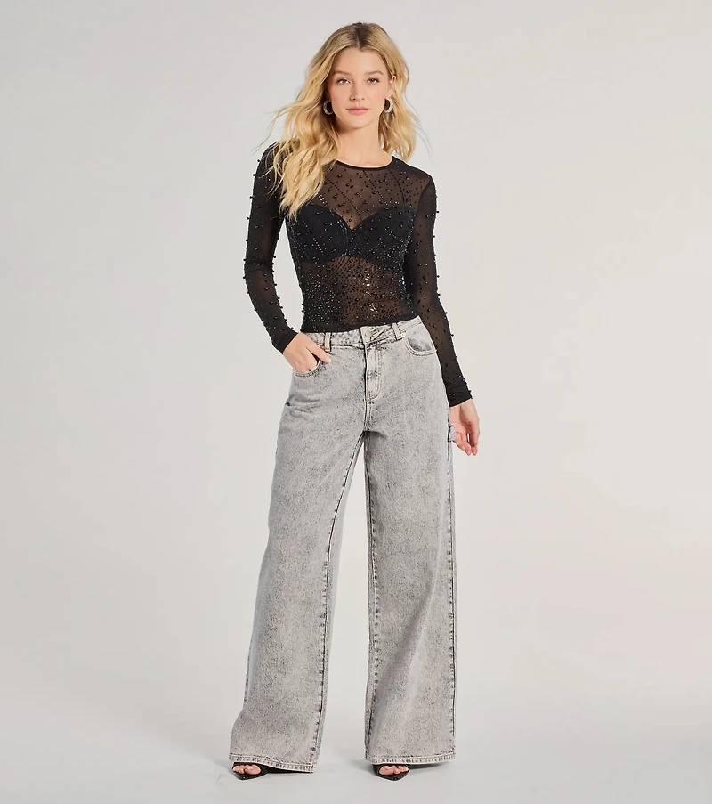 Sheer Glitz Long Sleeve Beaded Rhinestone Crop Top