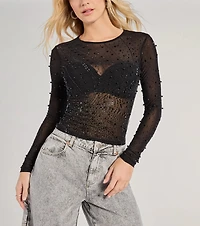 Sheer Glitz Long Sleeve Beaded Rhinestone Crop Top