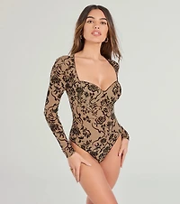 Chic 'Fit Floral Flocked Velvet Long Sleeve Bodysuit