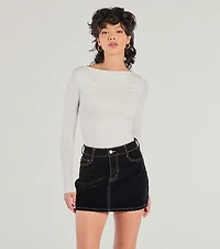 Cute Basic Boat Neck Long Sleeve Crop Top