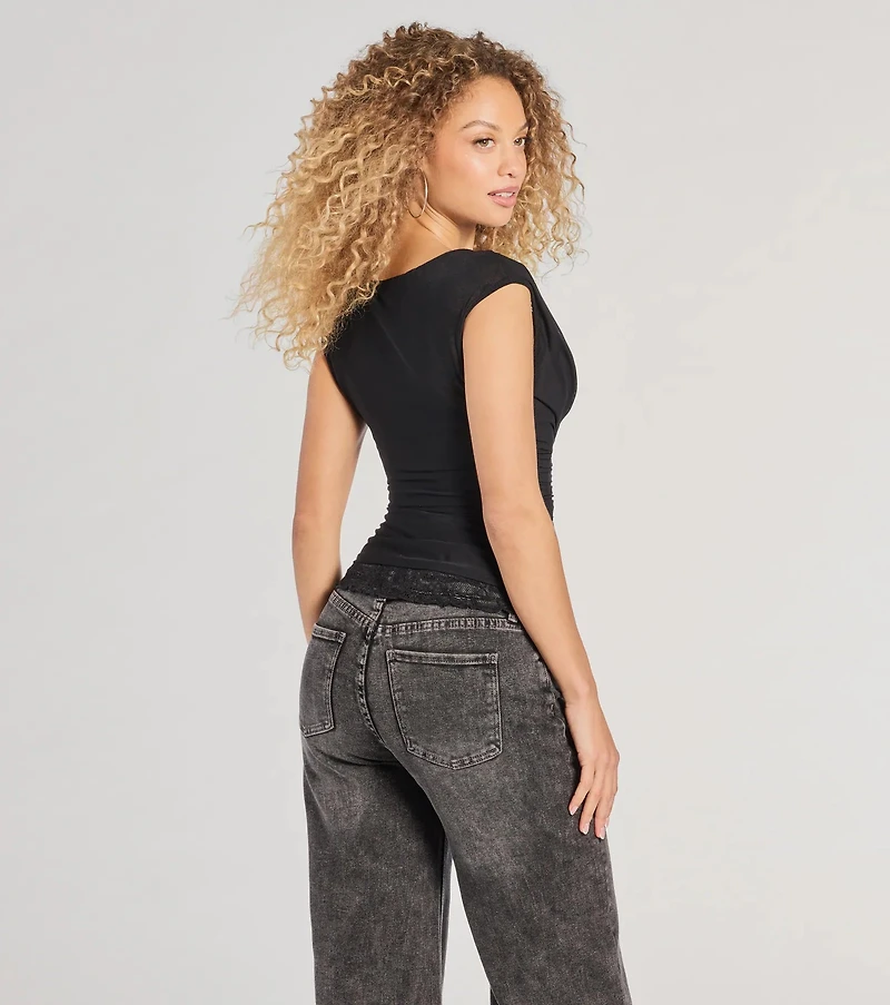 Just A Peek Cap Sleeve Lace Mesh Crop Top