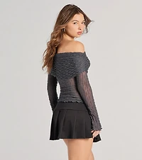 2000s Classic Off-The-Shoulder Texture Crop Top