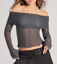 2000s Classic Off-The-Shoulder Texture Crop Top