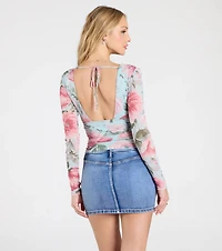 Sassy Style Print Mesh Long Sleeve Top