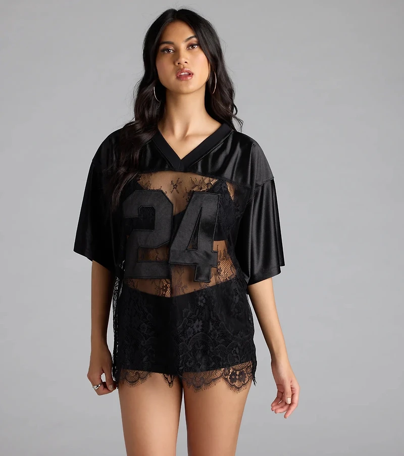 Sporty Chic Lace V-Neck 24 Graphic Jersey Top