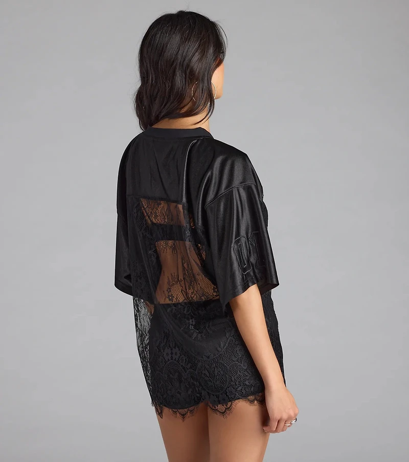 Sporty Chic Lace V-Neck 24 Graphic Jersey Top