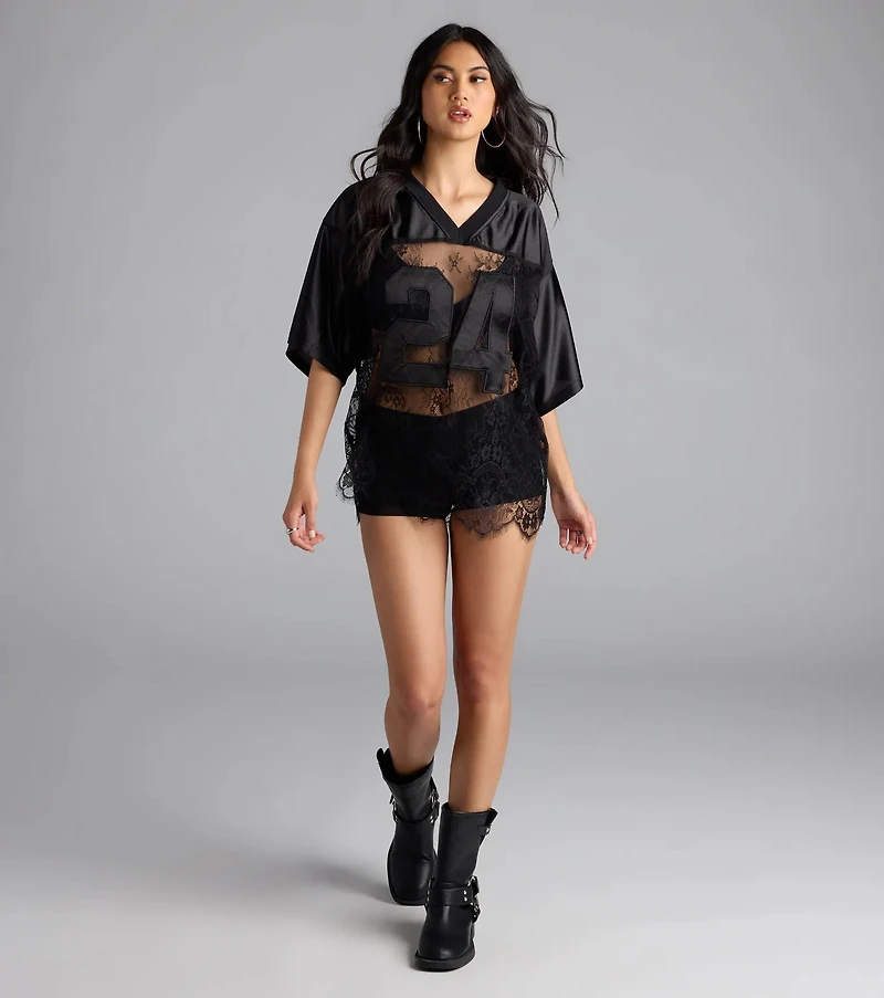 Sporty Chic Lace V-Neck 24 Graphic Jersey Top