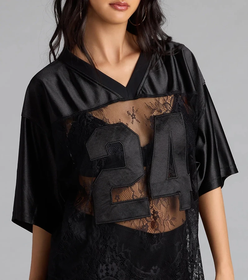 Sporty Chic Lace V-Neck 24 Graphic Jersey Top