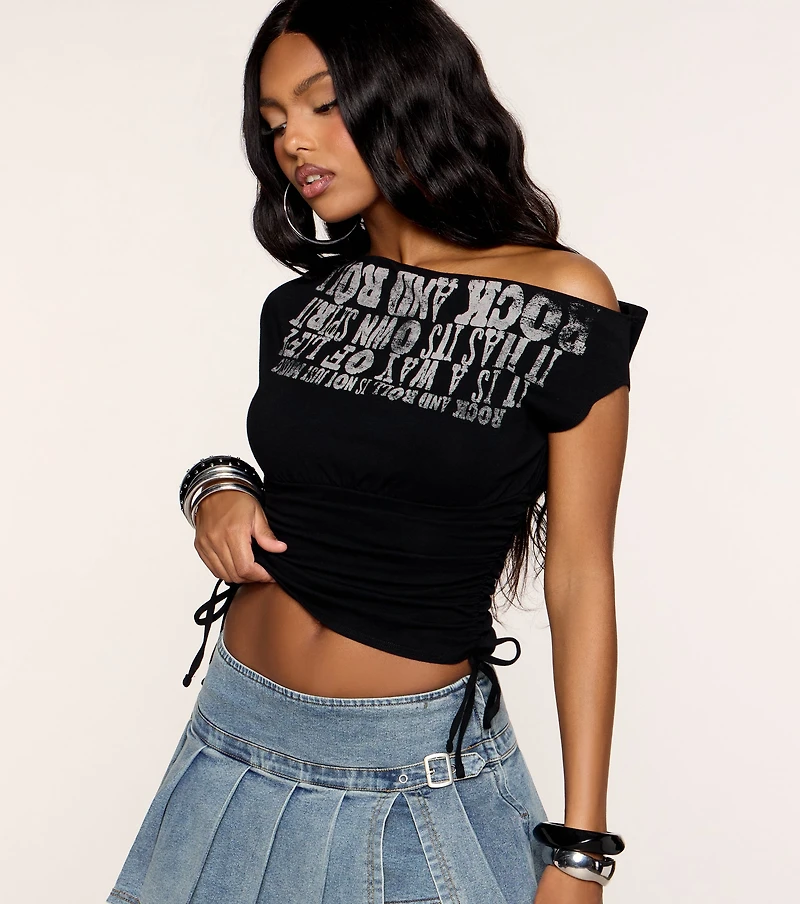 Word Play Off Shoulder Graphic Top