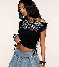 Word Play Off Shoulder Graphic Top