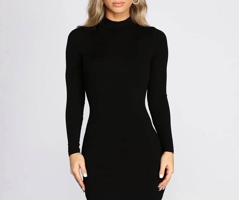 Ribbed Knit Mock Neck Mini Dress
