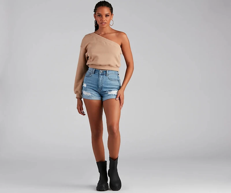 Basic One Shoulder Neckline Sweatshirt Top