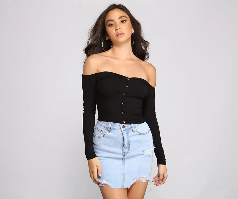 Off The Shoulder Ribbed Henley Top