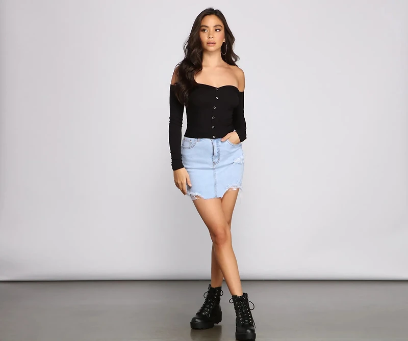 Off The Shoulder Ribbed Henley Top
