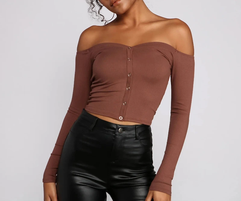 Off The Shoulder Ribbed Henley Top