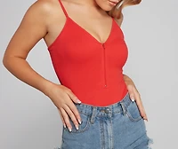 Basic Zip-Front Ribbed Knit Bodysuit