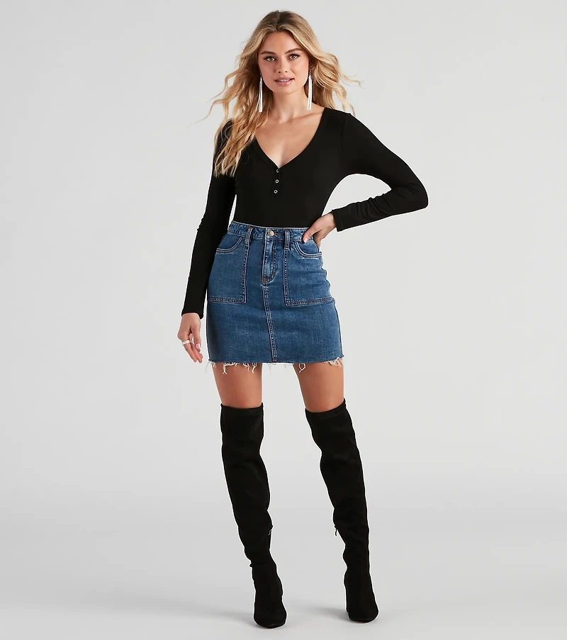 Casual Ribbed Knit Henley Bodysuit