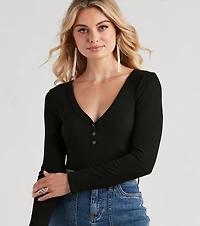 Casual Ribbed Knit Henley Bodysuit