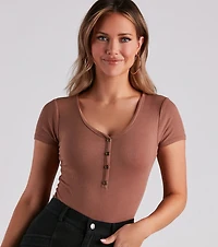 Casual Classic Button-Front Henley Bodysuit