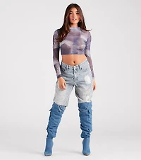 Stretch The Rules Mesh Denim Print Crop Top