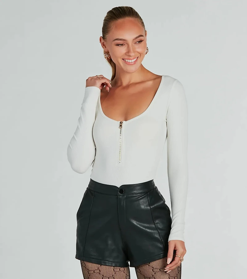 Chic Deets Zip-Front Long Sleeve Knit Bodysuit
