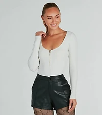 Chic Deets Zip-Front Long Sleeve Knit Bodysuit