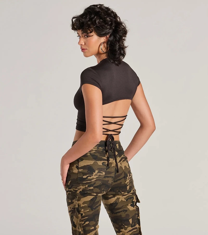 Trendy Cutie Lace-Up Ribbed Smooth Knit Crop Top