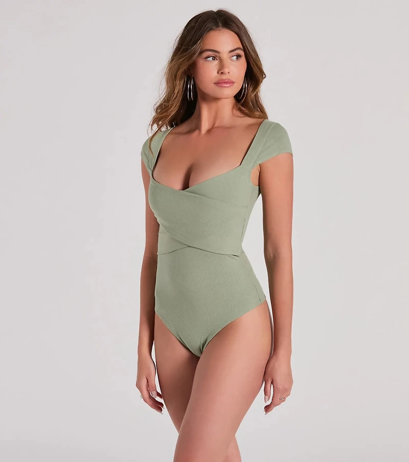 Sweet Traits Cap Sleeve Crisscross Rib Knit Bodysuit