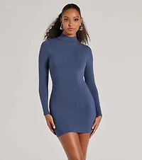 Basic Ribbed Knit Long Sleeve Mini Dress
